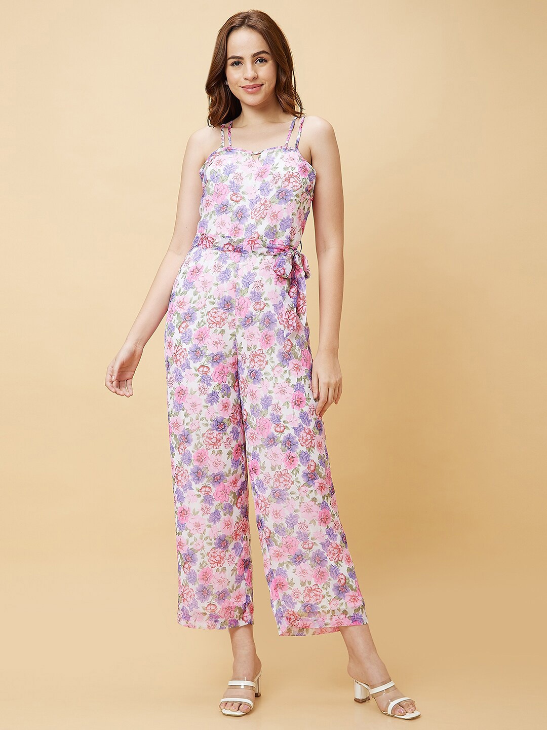 

Globus Pink & Purple Floral Printed Waist Tie-Ups Basic Jumpsuit