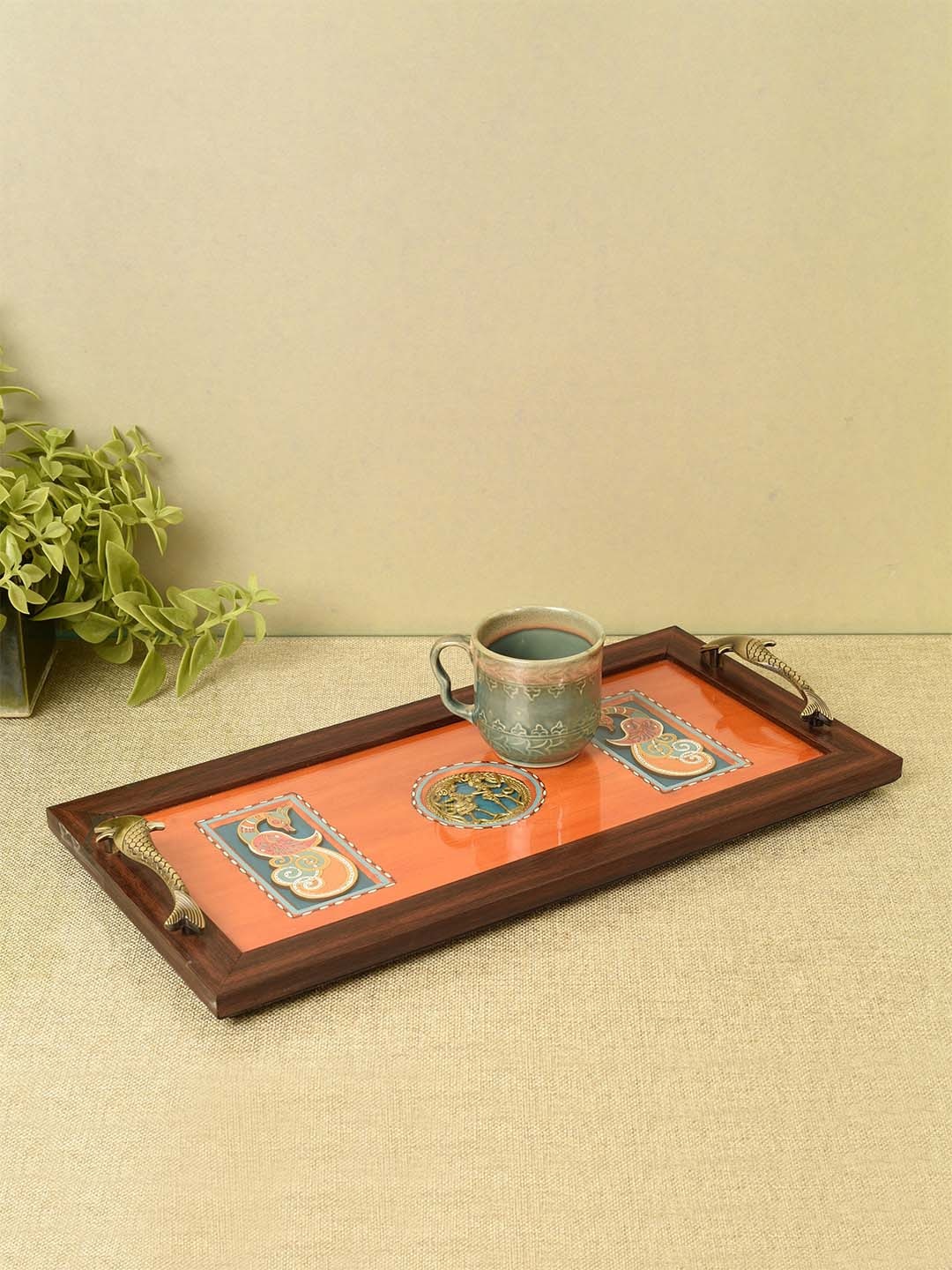 

AAKRITI ART CREATIONS Sunset Orange Peacock Wood Tray