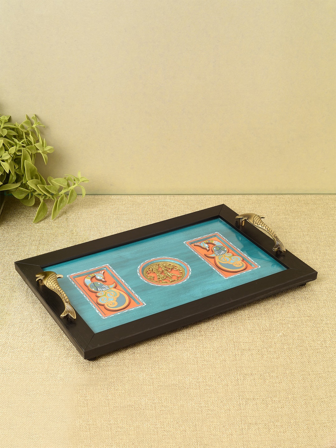 

AAKRITI ART CREATIONS Azure Avian Blue & Orange Peacock Metal & Wood Tray
