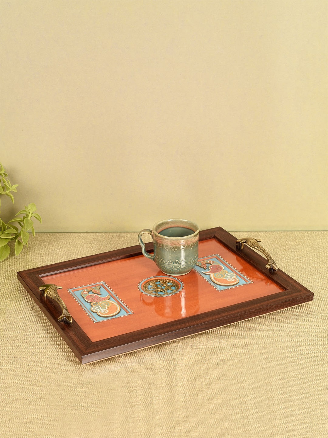 

AAKRITI ART CREATIONS Orange & Brown Printed Wooden Tray