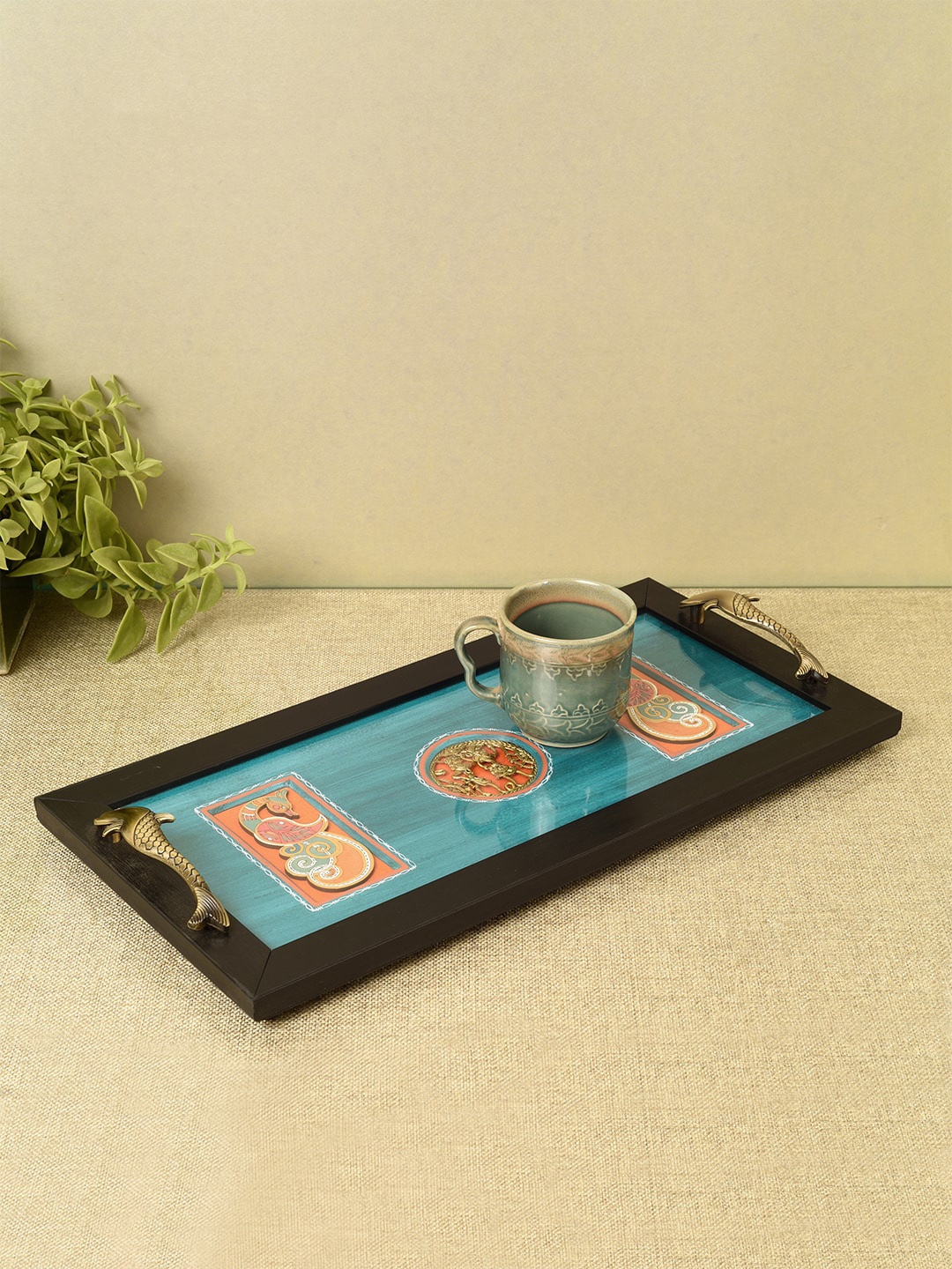 

AAKRITI ART CREATIONS Blue & Orange Peacock Elegance Metal & Wood Tray