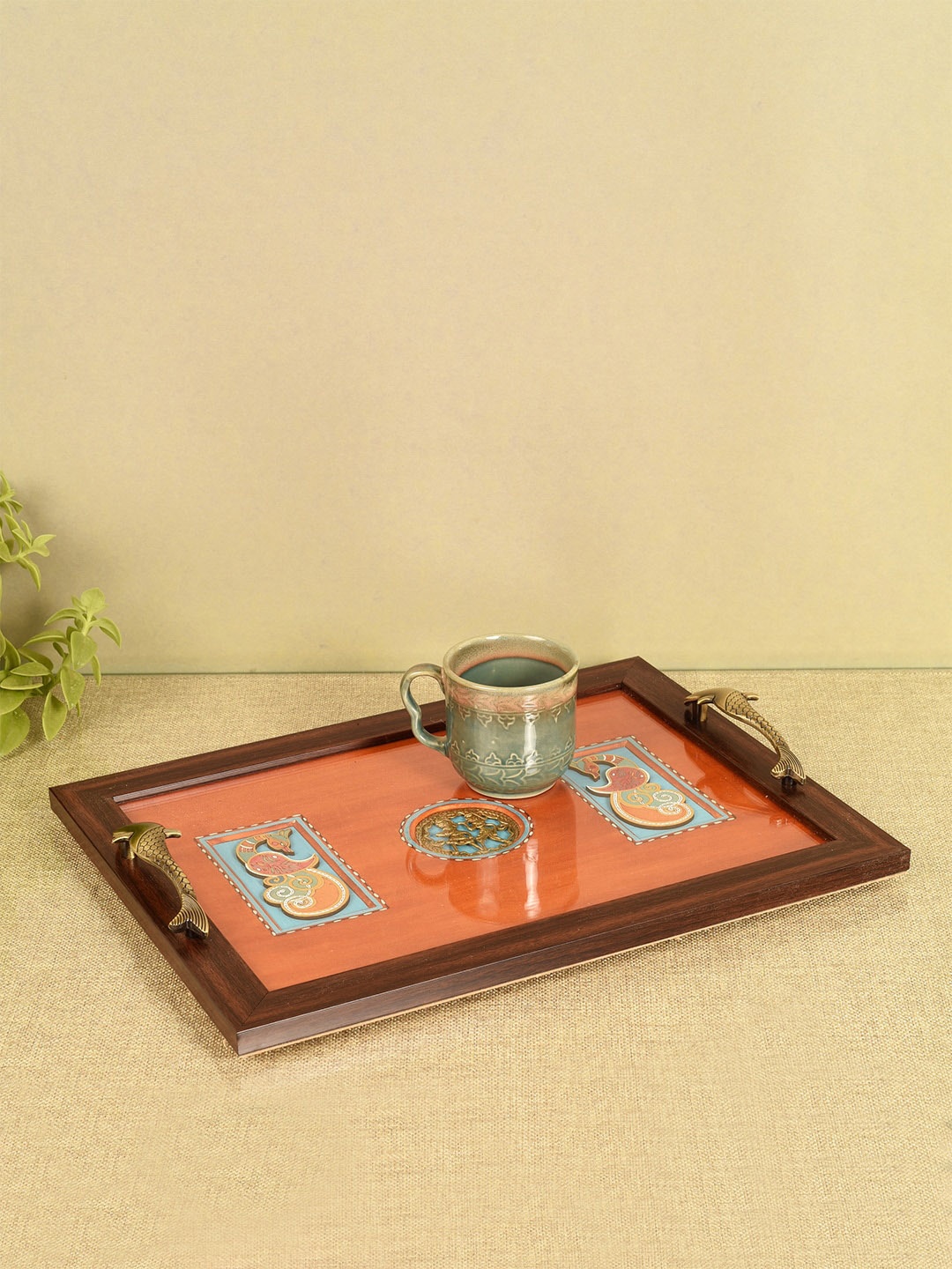 

AAKRITI ART CREATIONS Citrus Brown & Orange Wooden Serving Tray