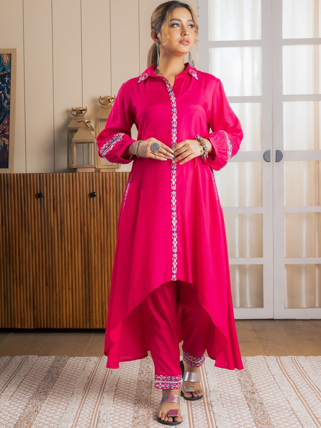 

KAJREE Floral Embroidered High-Low A-Line Kurta with Trousers, Pink