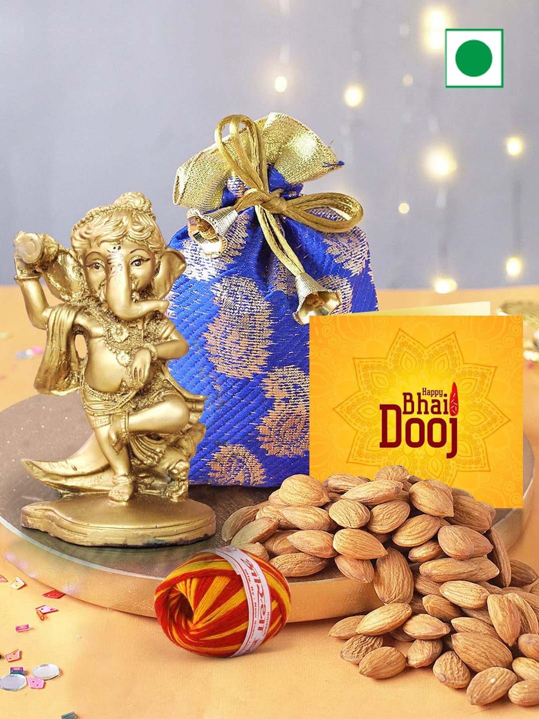 

TIED RIBBONS Set of 4 Almonds Ganesha Idol Card Kalawa Roli Chawal, Gold