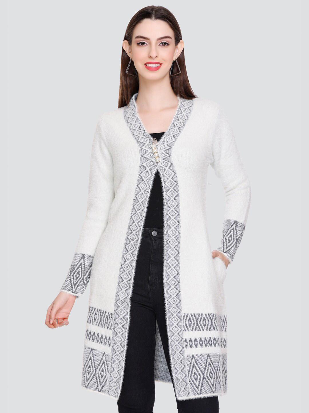 

Winter Wonders Geometric Printed Woollen Longline Cardigan, Off white