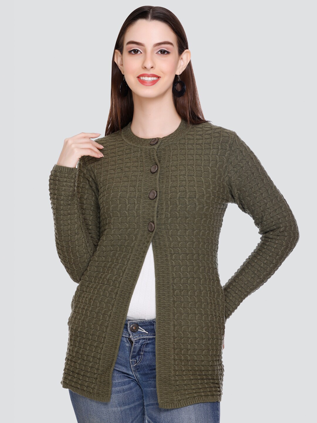 

Winter Wonders Self Design Cable Knit Cardigan, Green