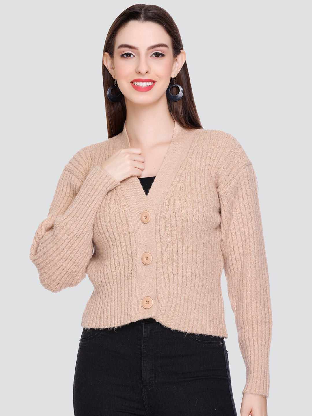 

Winter Wonders Self DesignCrop Woollen Cardigan, Beige