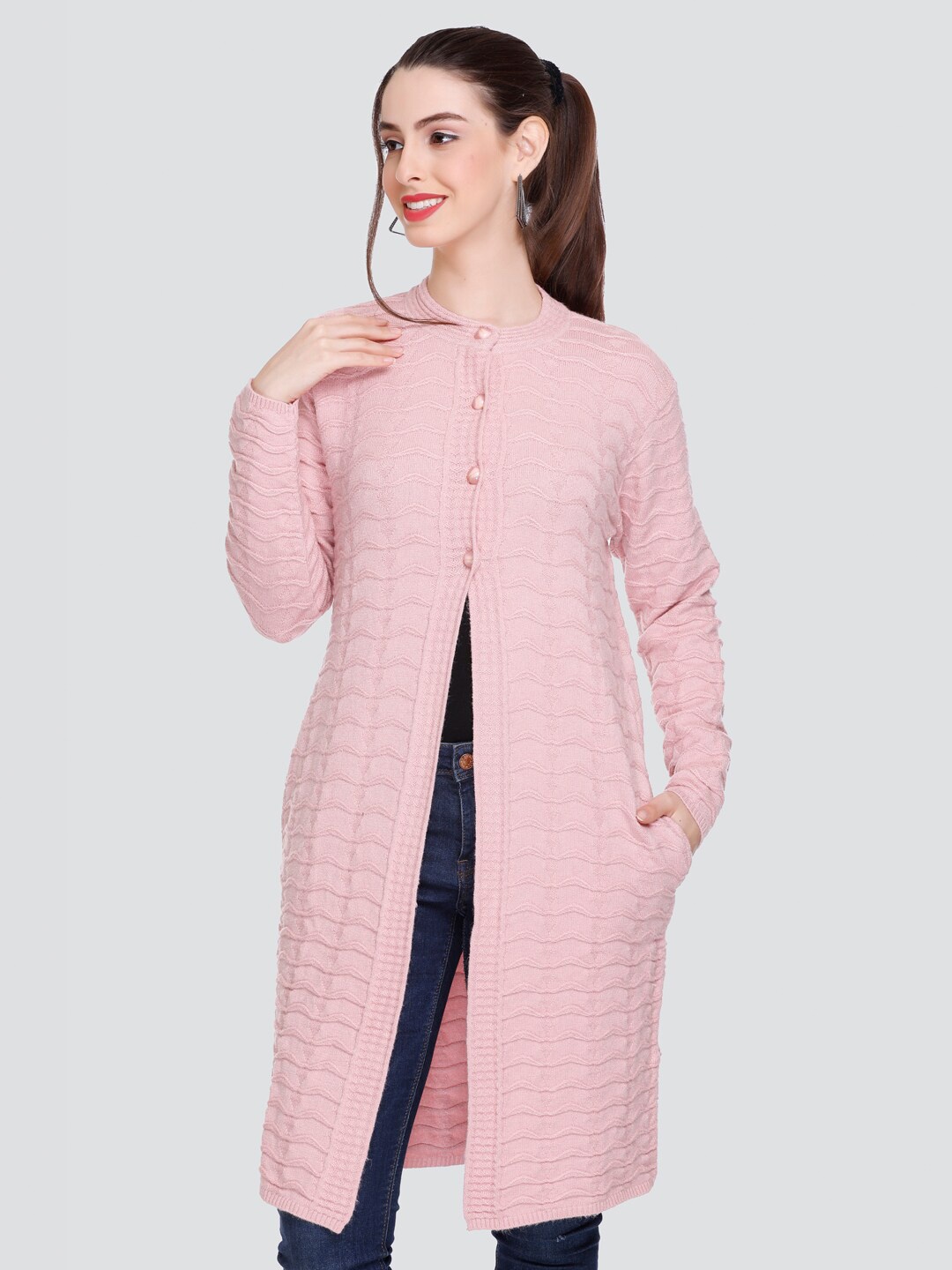 

Winter Wonders Self Design Woollen Longline Cardigan, Pink