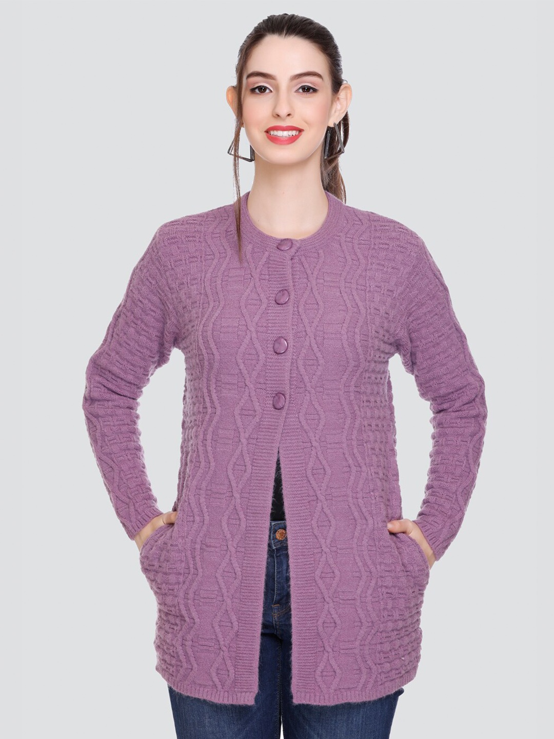 

Winter Wonders Self Design Woollen Longline Cardigan, Purple