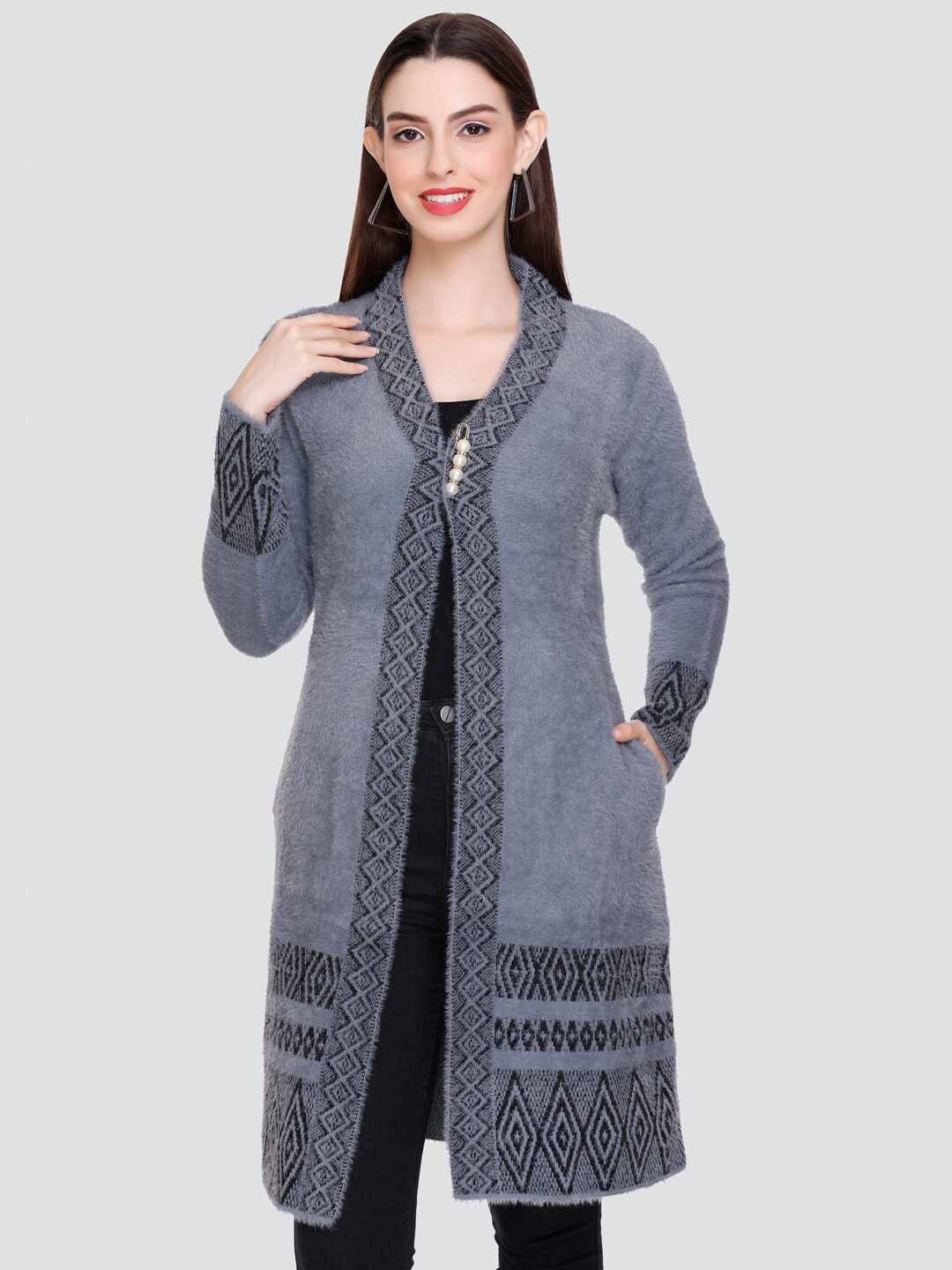 

Winter Wonders Self Design Woollen Longline Cardigan, Grey