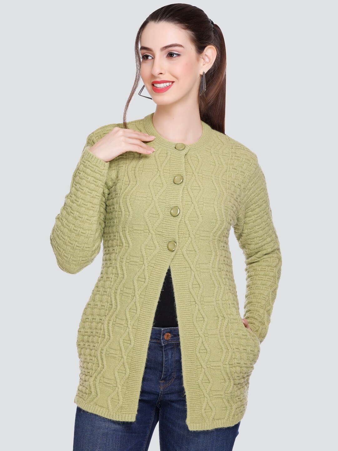 

Winter Wonders Self Design Woollen Longline Cardigan, Green