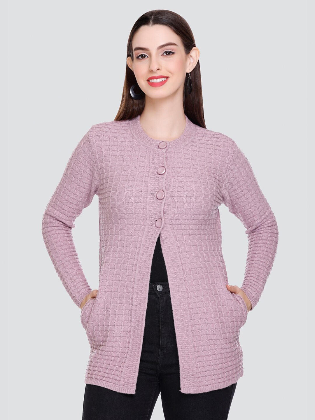

Winter Wonders Cable Knitted Round Neck Longline Cardigan, Pink
