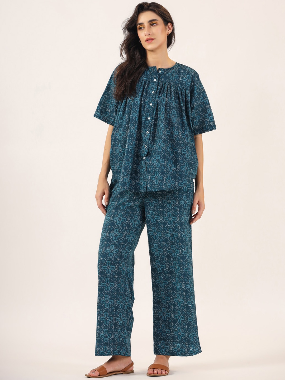 

SANSKRUTIHOMES Printed Pure Cotton Shirt & Trousers, Blue