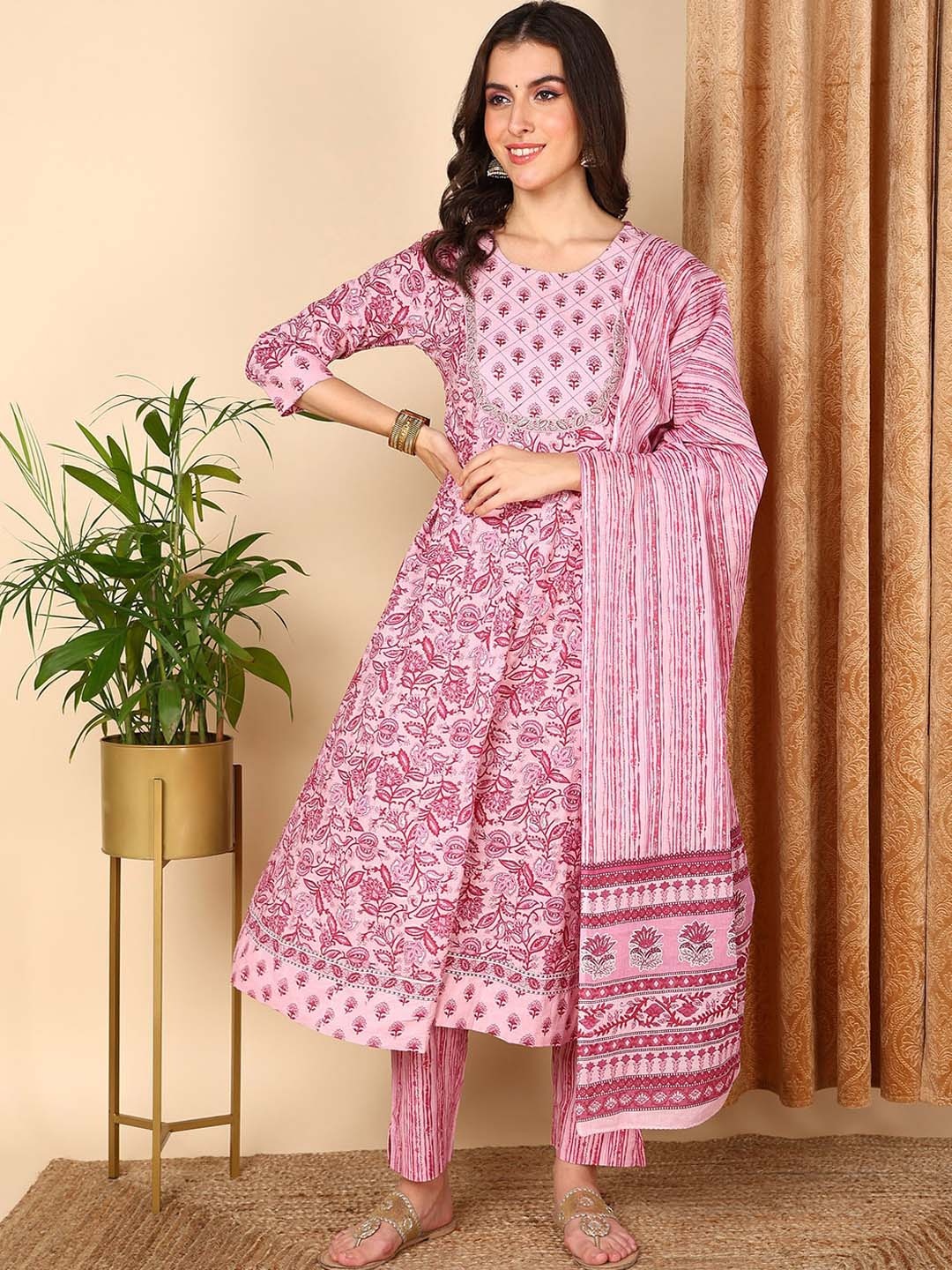 

AHIKA Pink Floral Printed A-Line Pure Cotton Kurta With Trousers & Dupatta