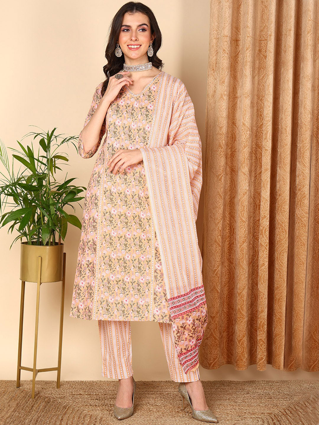 

AHIKA Peach-Coloured Floral Printed Regular Pure Cotton Kurta With Trousers & Dupatta