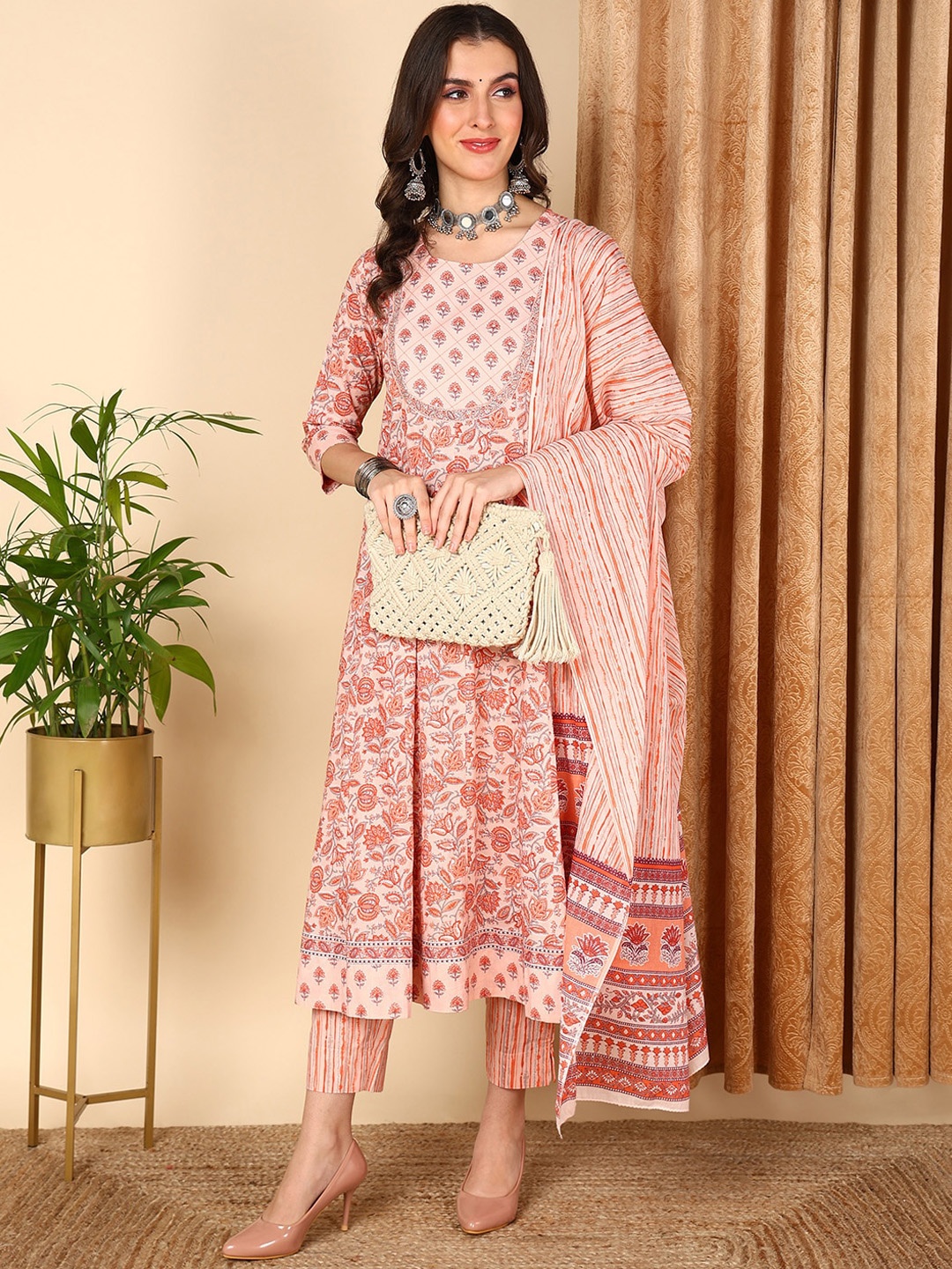 

AHIKA Peach-Coloured Floral Printed A-Line Pure Cotton Kurta With Trousers & Dupatta