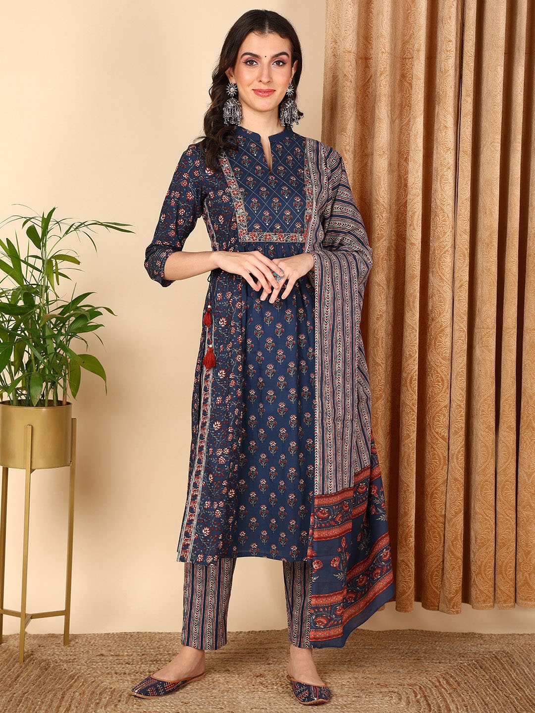 

AHIKA Blue Floral Printed A-Line Sequinned Pure Cotton Kurta With Trousers & Dupatta