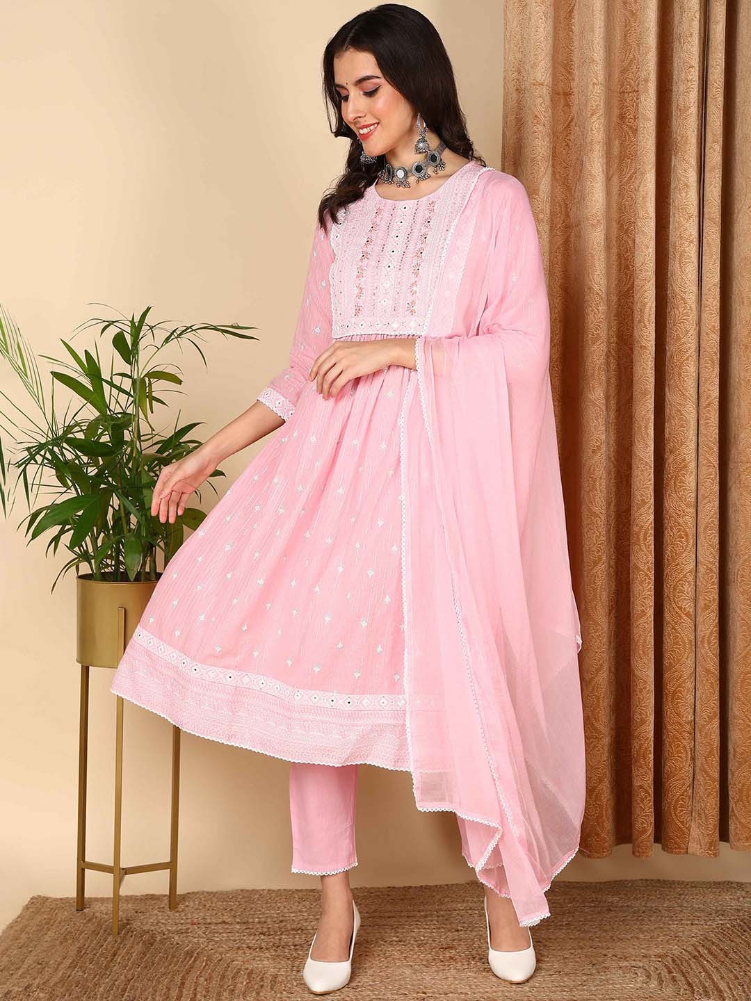 

AHIKA Pink Ethnic Embroidered A-Line Mirror Work Cotton Kurta With Trousers & Dupatta