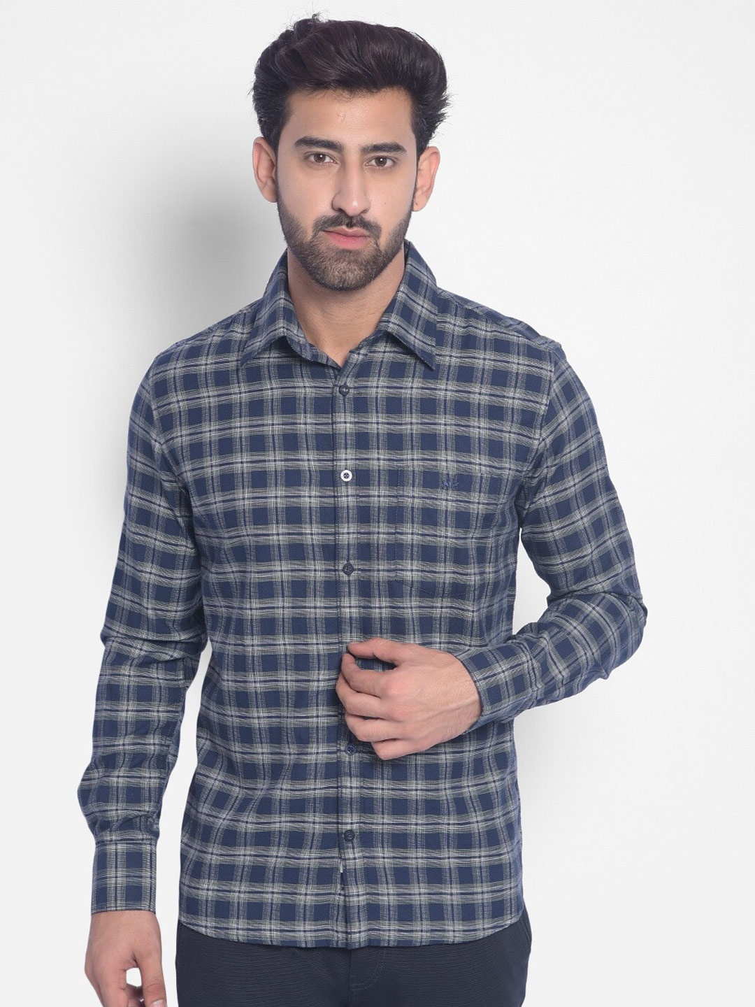 

Crimsoune Club Slim Fit Checked Cotton Casual Shirt, Navy blue