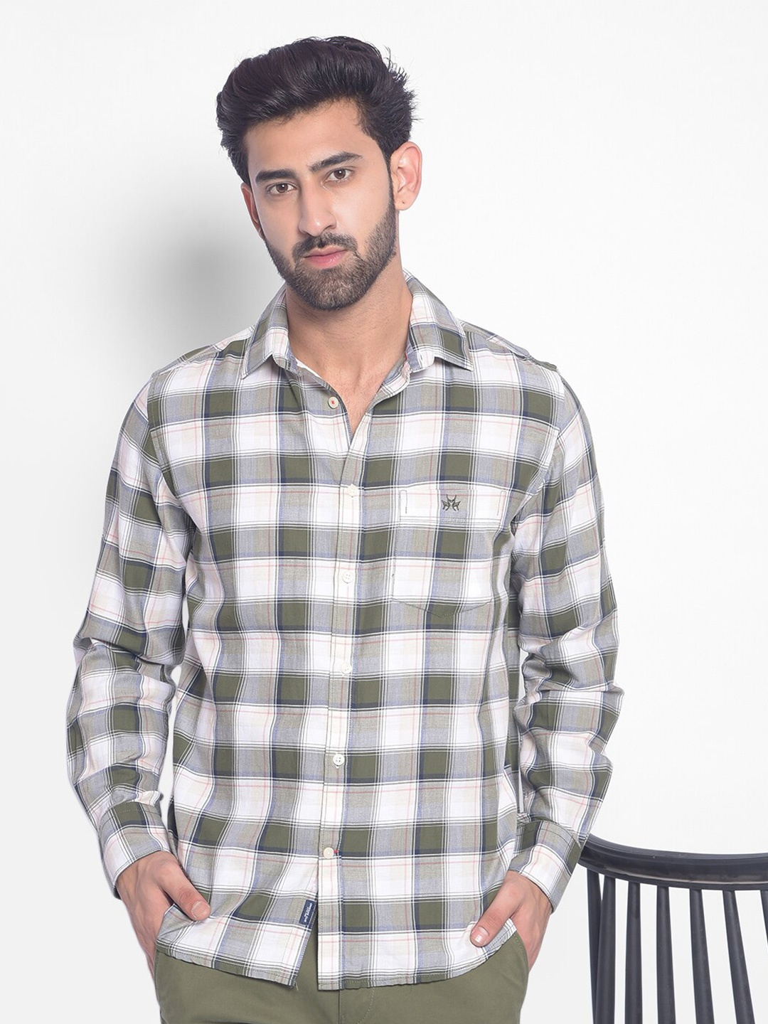 

Crimsoune Club Checked Slim Fit Pure Cotton Casual Shirt, Olive