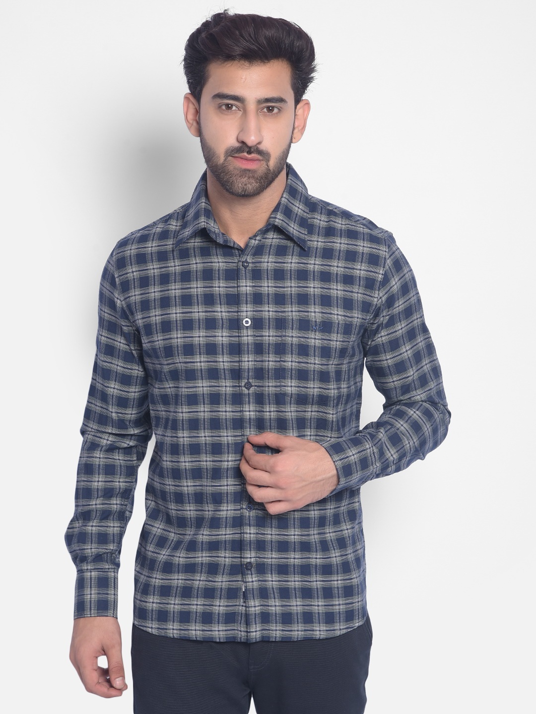 

Crimsoune Club Slim Fit Tartan Checked Pure Cotton Casual Shirt, Navy blue