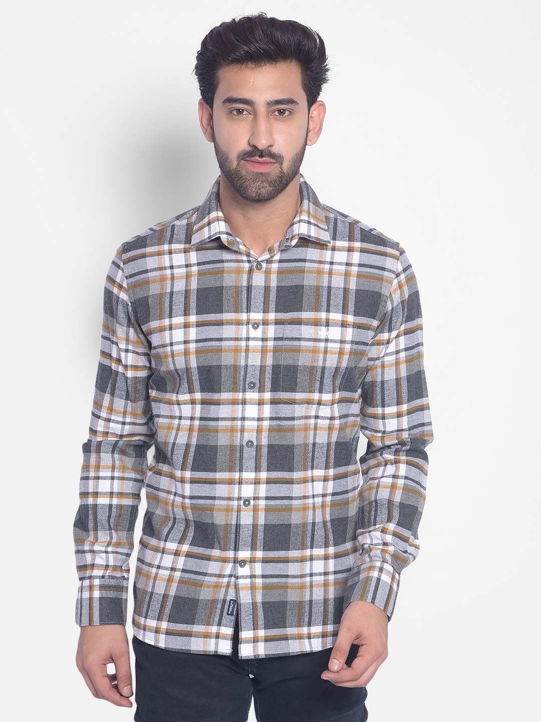 

Crimsoune Club Tartan Checked Slim Fit Pure Cotton Casual Shirt, Grey