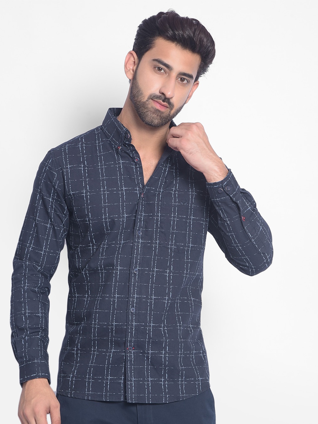 

Crimsoune Club Slim Fit Tartan Checked Button-Down Collar Pure Cotton Casual Shirt, Navy blue