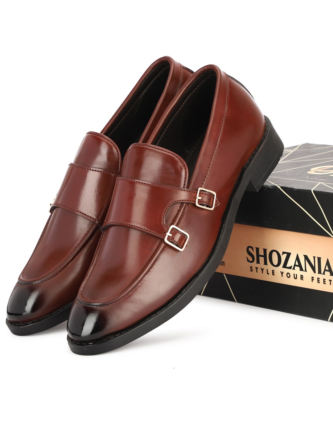 

SHOZANIA Men Buckle Detail Leather Formal Loafers, Maroon