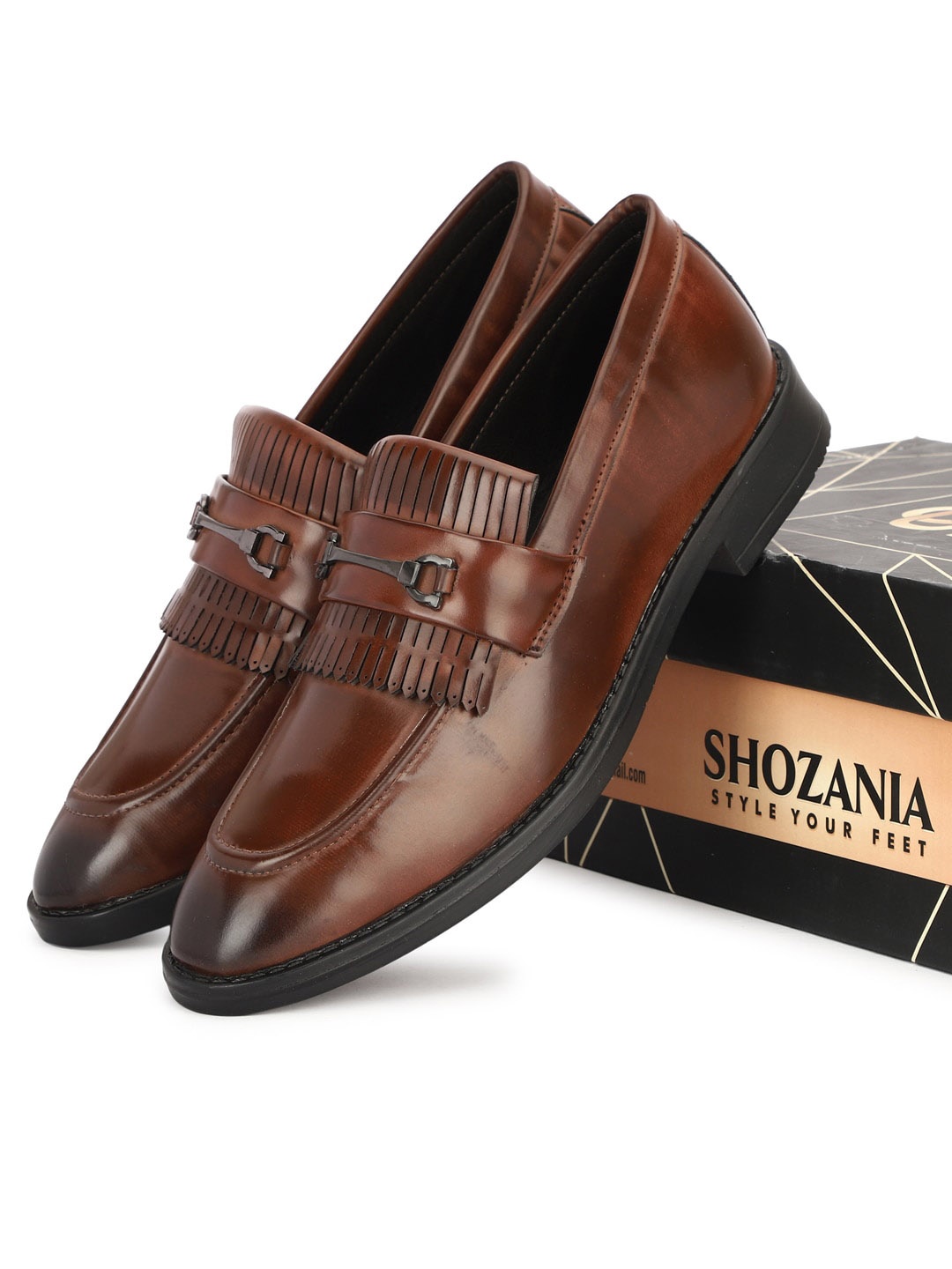 

SHOZANIA Men Buckle Detail Leather Formal Loafers, Brown