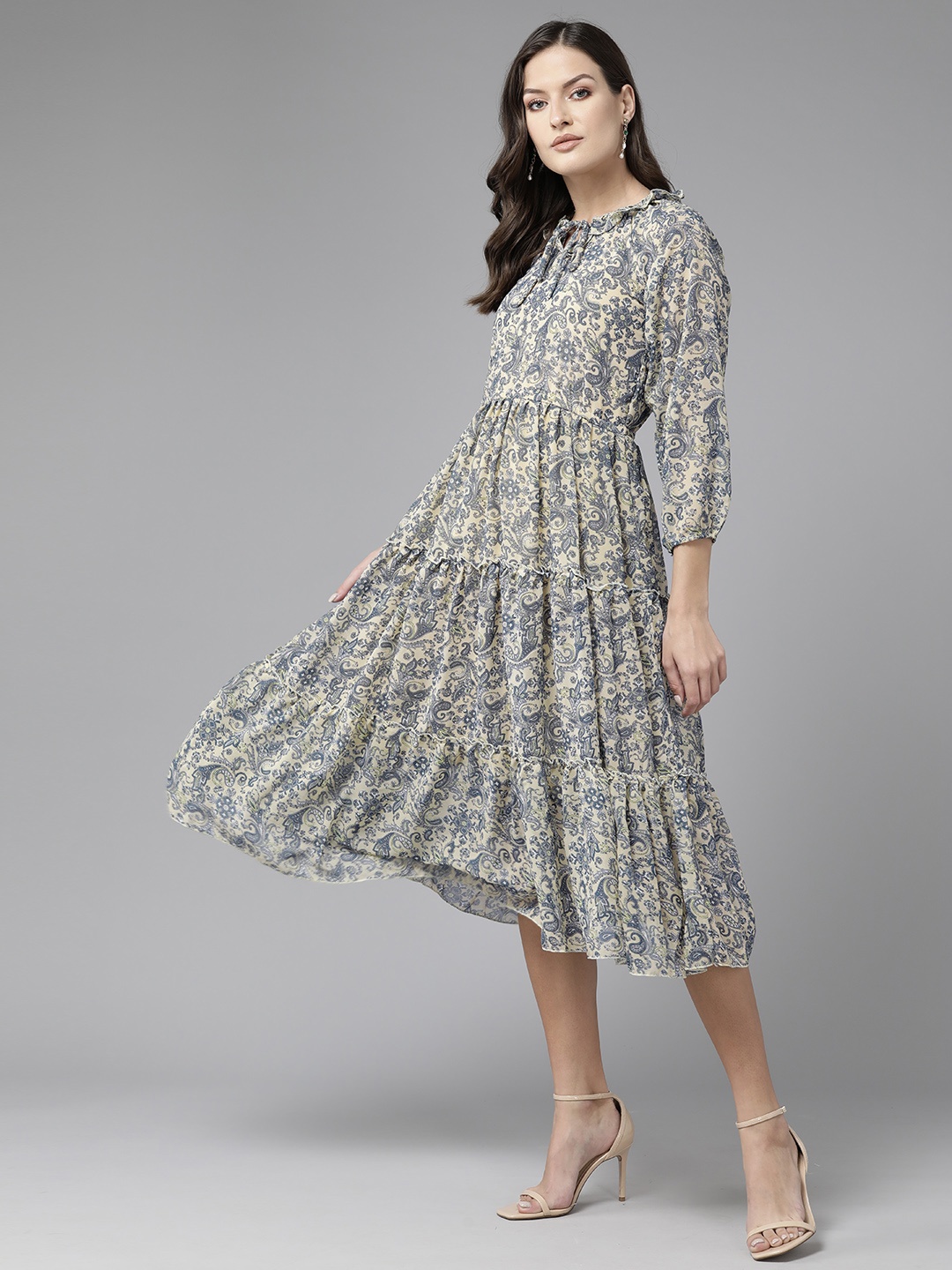 

Aarika Ethnic Motifs Print Tie-Up Neck Puff Sleeve Georgette A-Line Midi Dress, Beige
