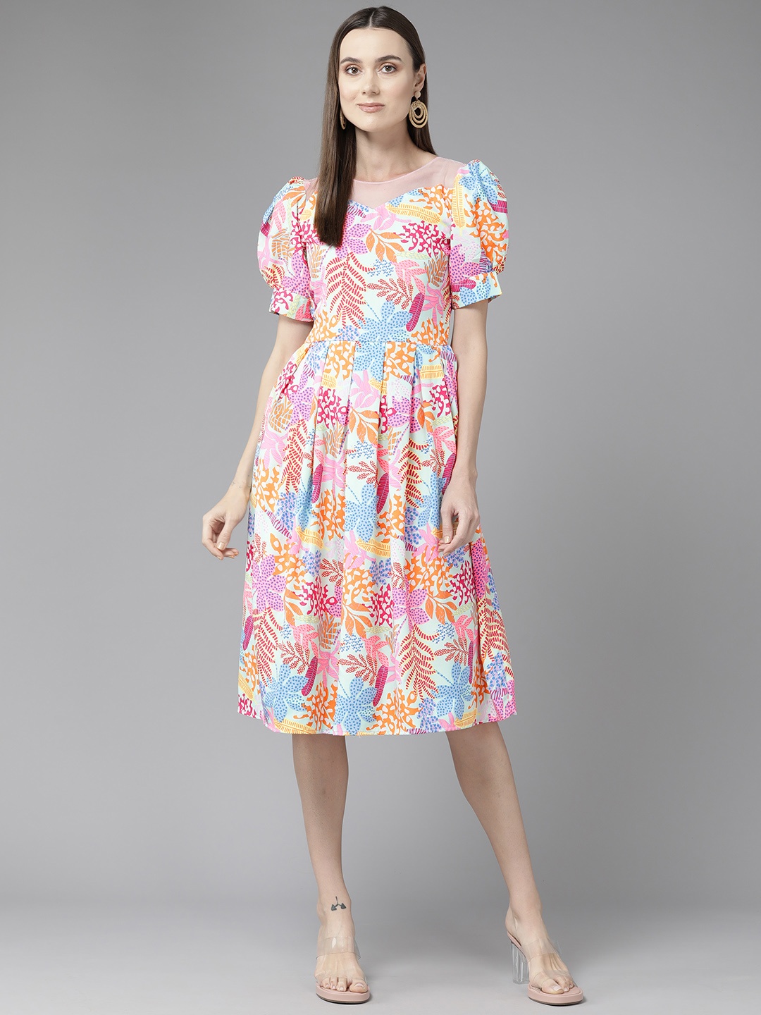 

Aarika Floral Print Puff Sleeve Georgette A-Line Dress, Multi