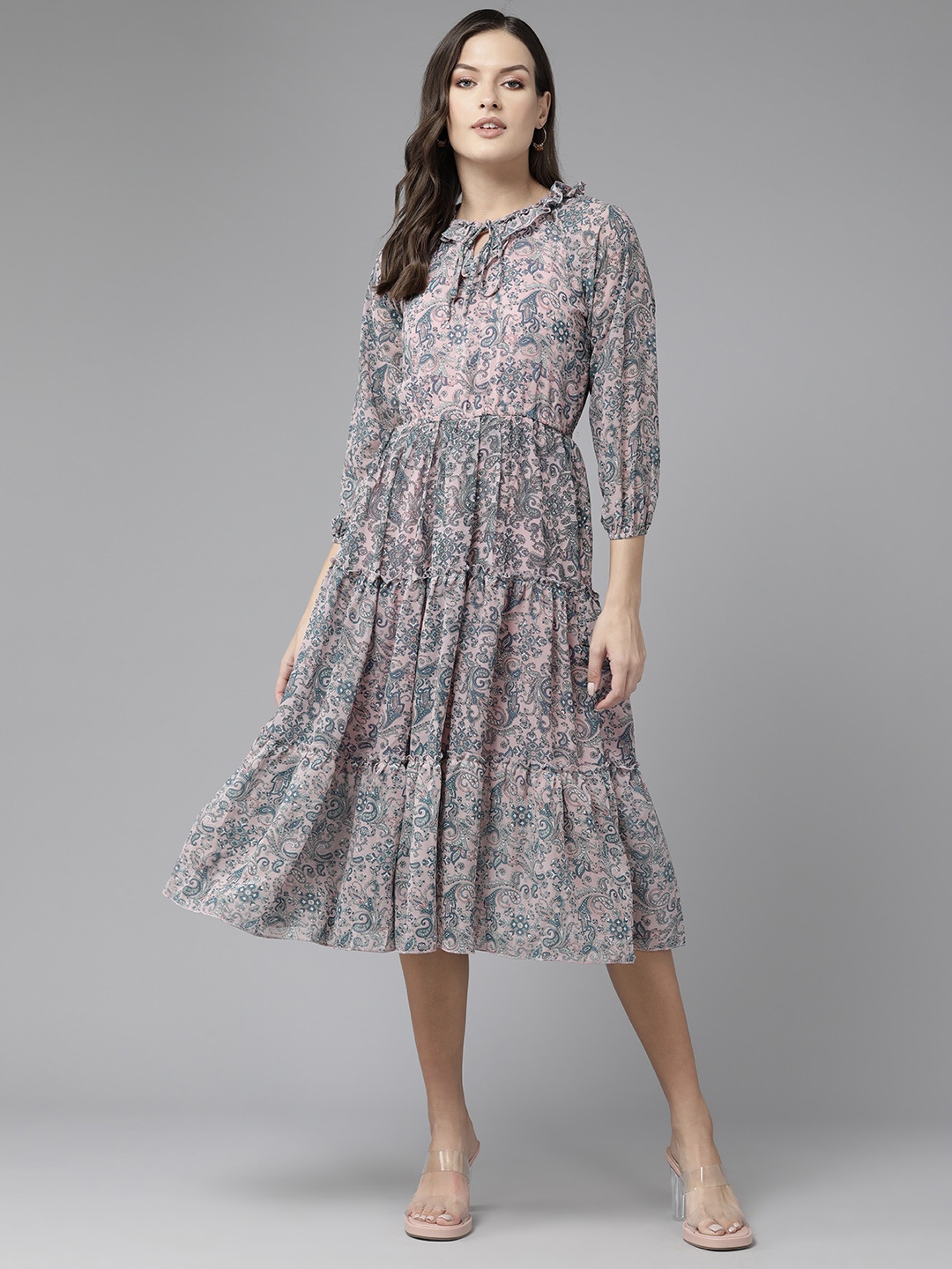 

Aarika Ethnic Motifs Print Tie-Up Neck Georgette A-Line Midi Dress, Pink