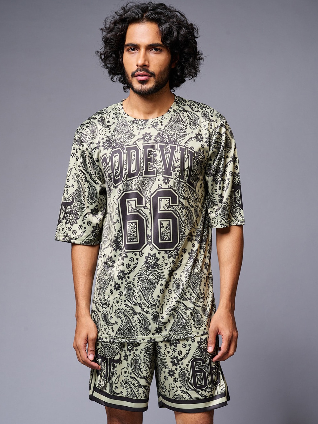 

GO DEVIL Paisley Printed Round Neck T-Shirt With Shorts, Green
