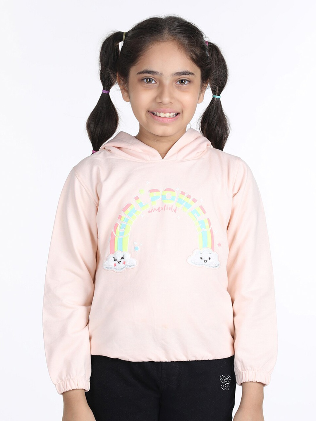 

Wingsfield Girls Graphic Printed Hooded Fleece Sweatshirt, Peach
