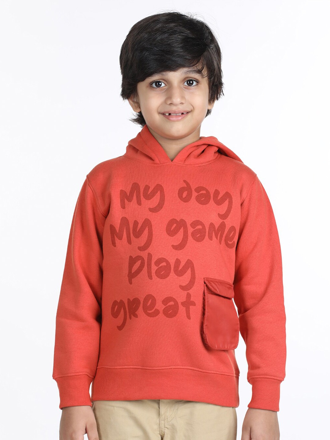 

Wingsfield Boys Typography Printed Hooded Fleece Sweatshirt, Rust
