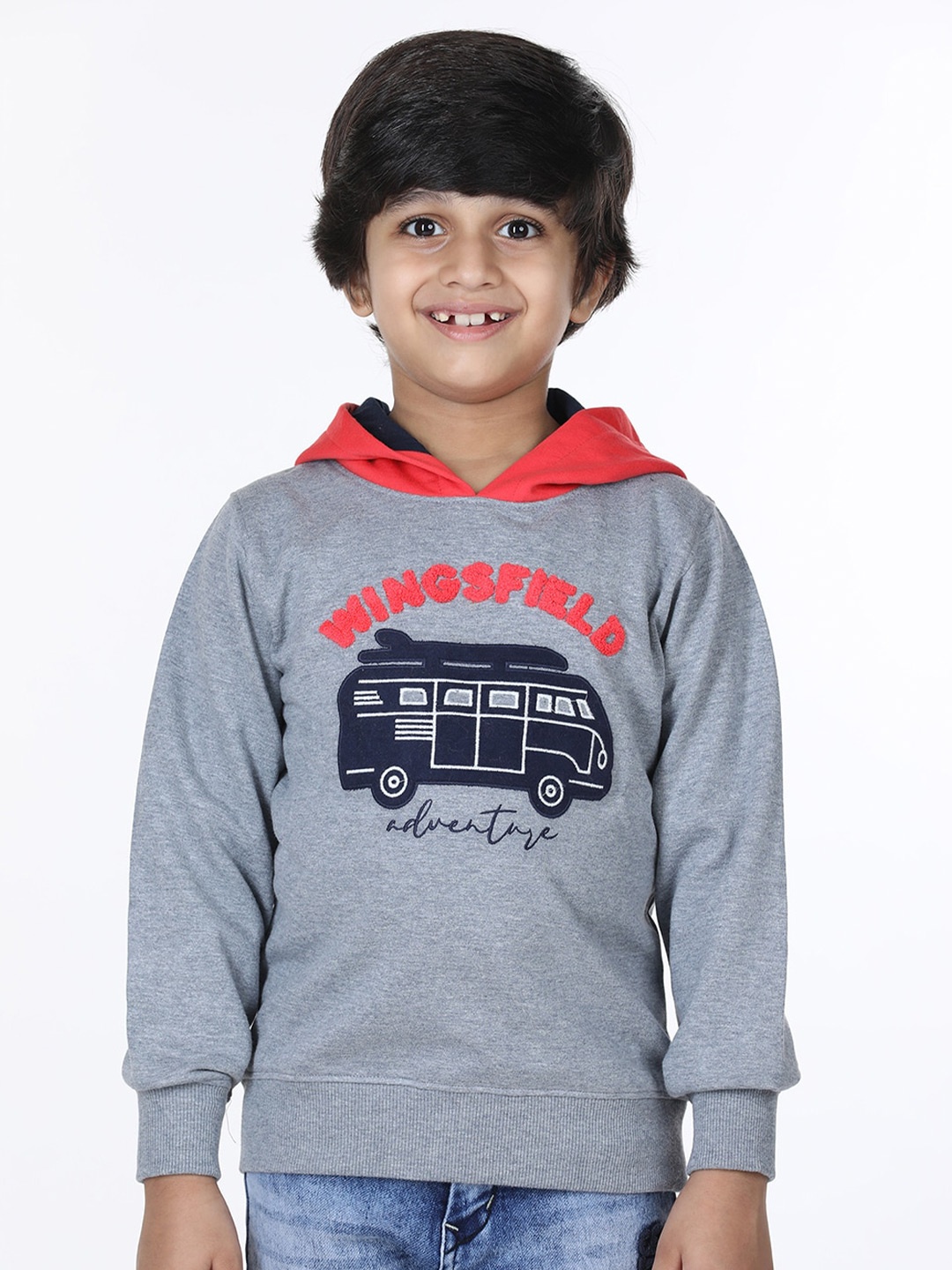

Wingsfield Boys Graphic Printed Hooded Fleece Sweatshirt, Grey