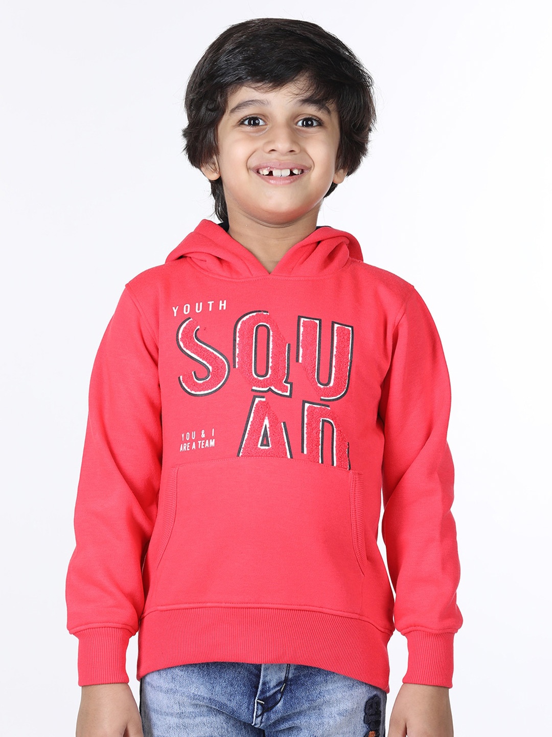 Wingsfield Boys Typography Printed Hooded Fleece Pullover, Coral