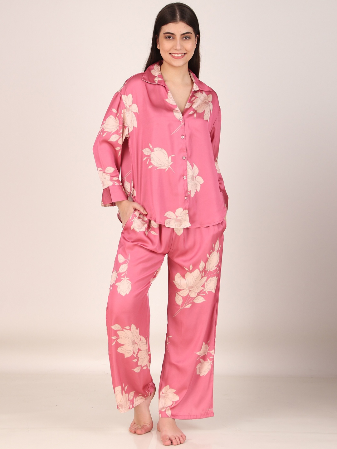 

Masha Pink Floral Printed Satin Night suit
