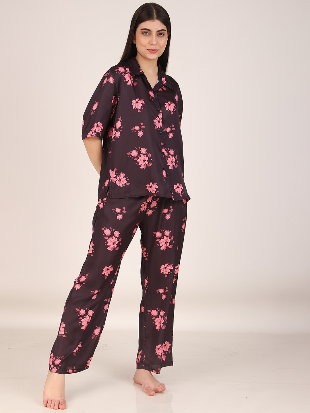 

Masha Purple & Pink Floral Printed Satin Night suit