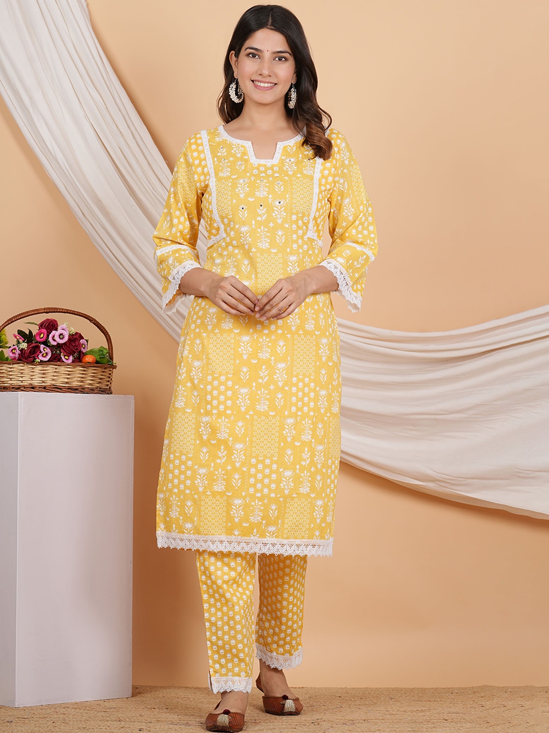 

ZOYOTO Floral Printed Regular Thread Work Pure Cotton Kurta with Trousers, Yellow