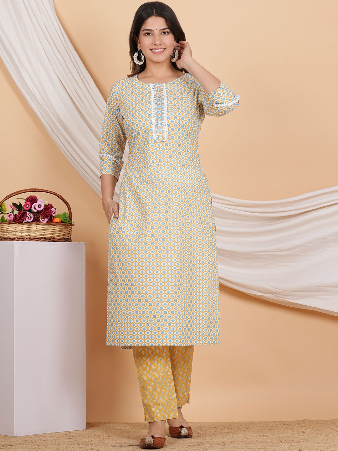 

ZOYOTO Floral Printed Regular Thread Work Pure Cotton Kurta with Trousers, Mustard