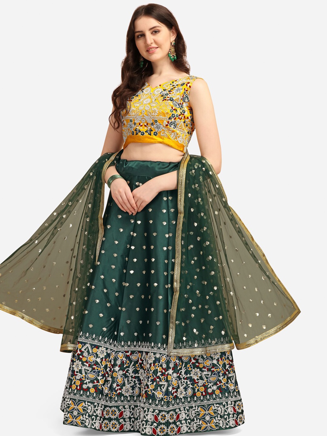 

KALINI Embroidered Sequinned Semi-Stitched Lehenga & Unstitched Blouse With Dupatta, Green