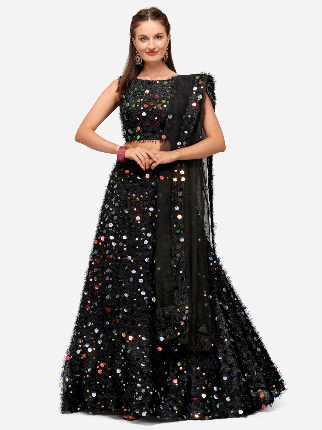 

KALINI Embellished Sequinned Semi-Stitched Lehenga & Unstitched Blouse With Dupatta, Black