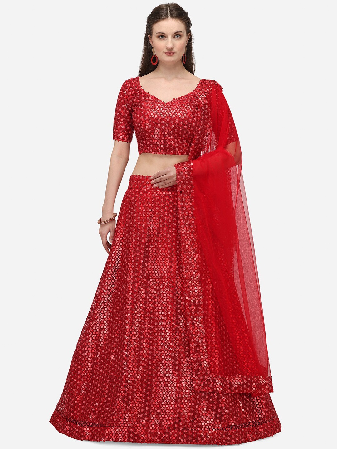 

KALINI Sequinned Semi-Stitched Lehenga & Unstitched Blouse With Dupatta, Red