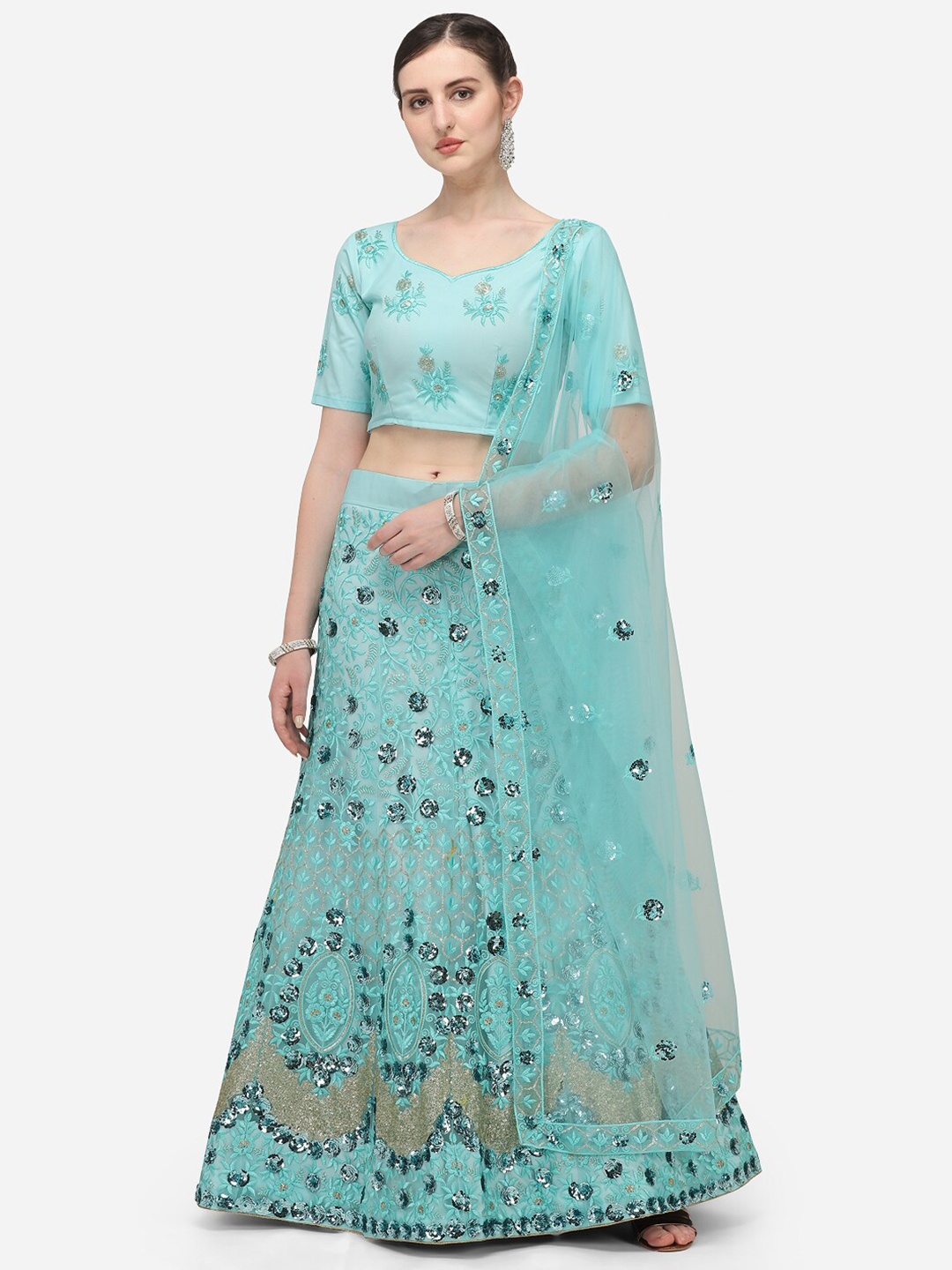 

KALINI Embroidered Sequinned Semi-Stitched Lehenga & Unstitched Blouse With Dupatta, Turquoise blue