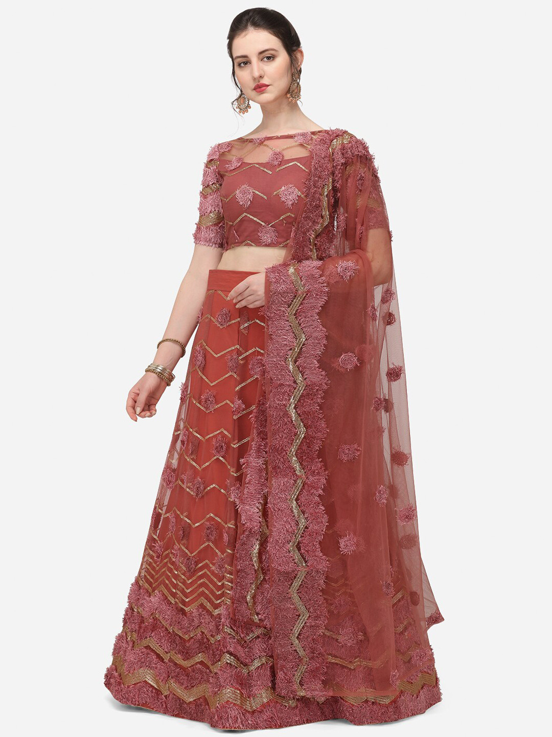 

KALINI Embroidered Sequinned Semi-Stitched Lehenga & Unstitched Blouse With Dupatta, Rose gold