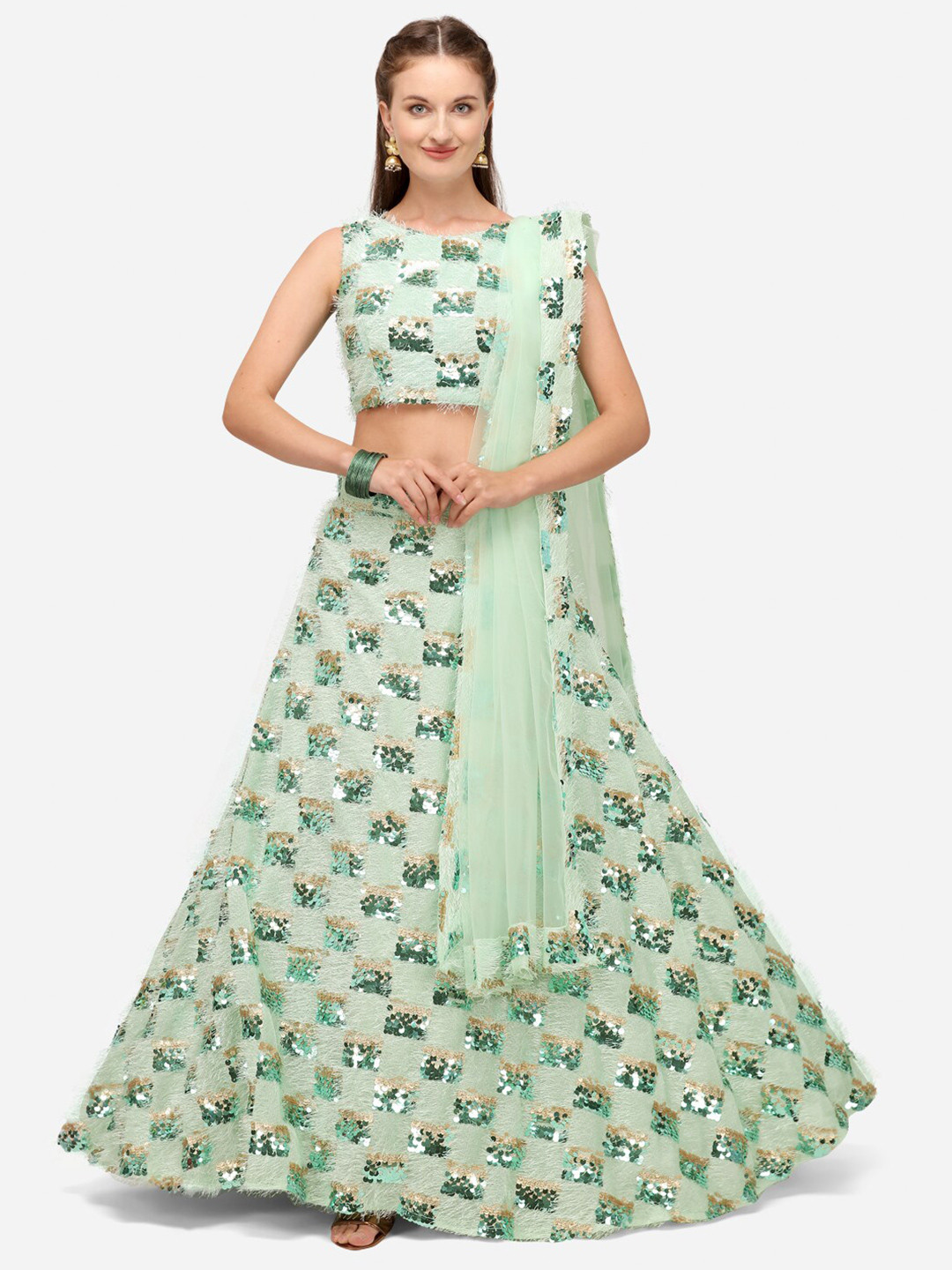 

KALINI Embellished Sequinned Semi-Stitched Lehenga & Unstitched Blouse With Dupatta, Sea green