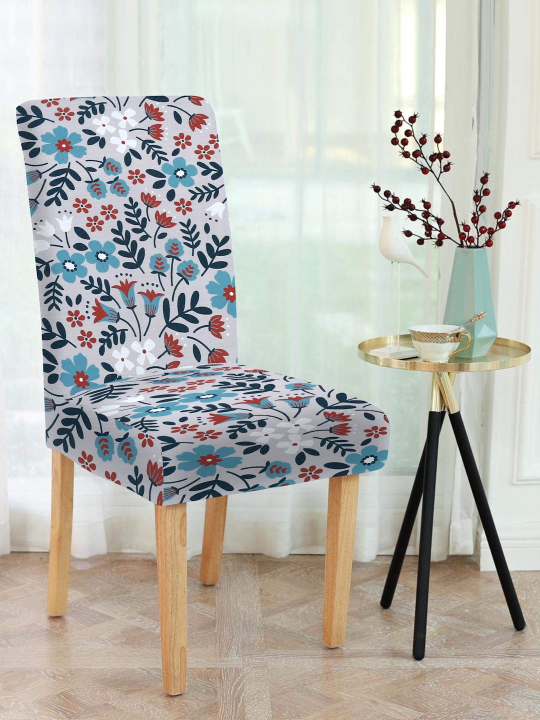 

MULTITEX White & Blue Floral Printed Chair Cover