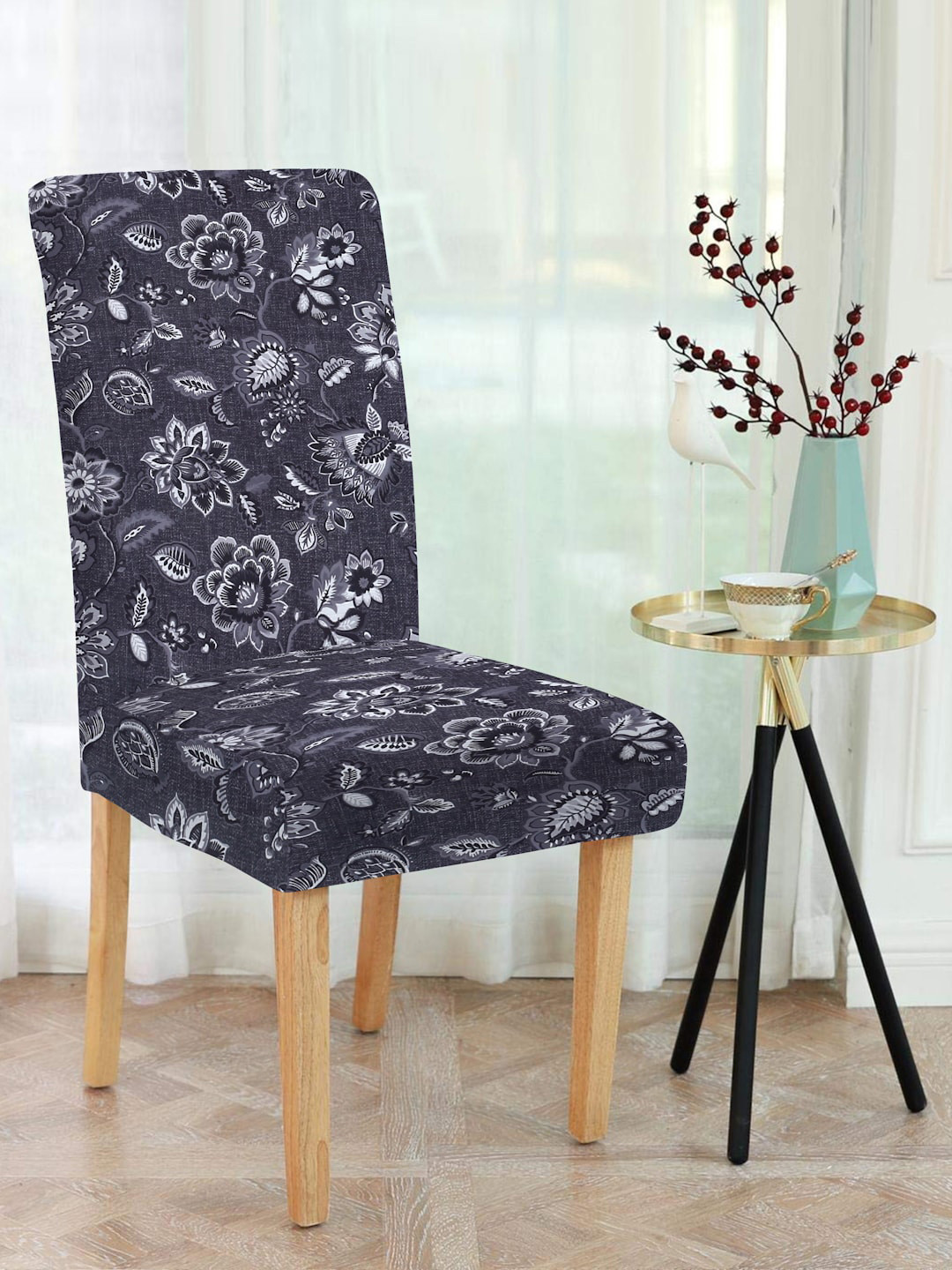 

MULTITEX Grey Floral Printed Chair Cover, Gold