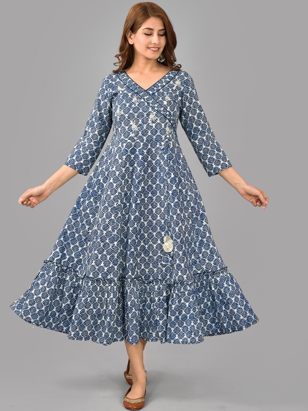 

AAYUMI Ethnic Motifs Printed Pure Cotton Ethnic Dress, Blue